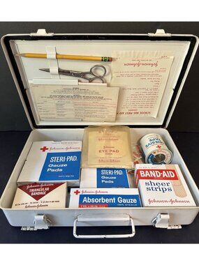 1960 School Bus First Aid Kit Johnson & metal enamel box w medical supplies VTG